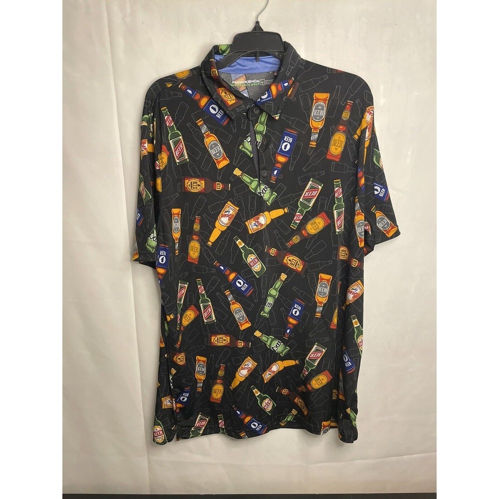 Hawke & Co Golf Shirt Mens Large Beer Bottle Design Polo Short Sleeve